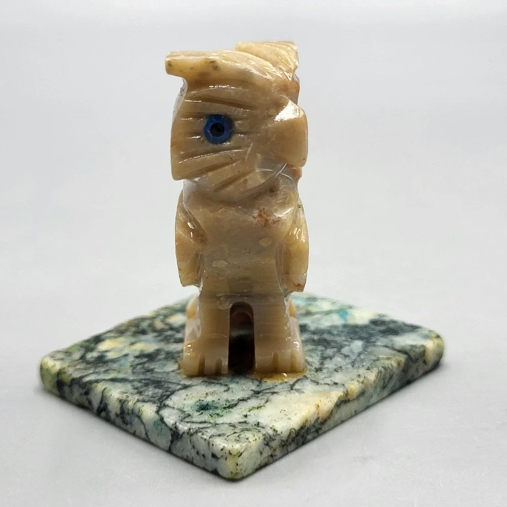 Hand Carved Stone Owl Figurine Blue Eyes Marbled Base Tan Green Shelf Decor